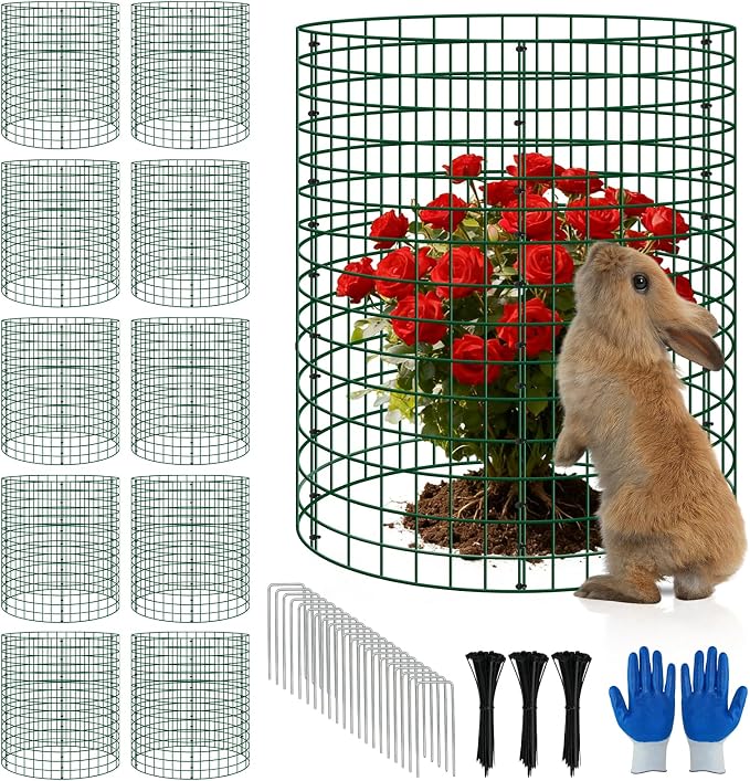 10 Pack Plant Protectors from Animals, 12''x16'' Metal Plant Cages for Outdoor Plants, Garden Plant Protector with Stakes & Zip Ties, Keep Rabbits Squirrels Out, Plant Cage for Flowers Vegetables
