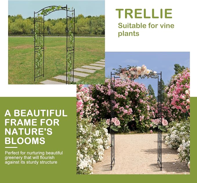 Outvita 7.5Ft Garden Arch Arbor, Steel Frame Stand Trellis, Arbour Archway for Wedding Ceremony Decoration Plant Climbing Rose Vines Lawn Courtyard Patio Pathway Black