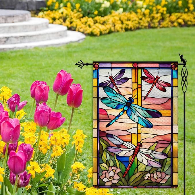 Spring Summer Dragonfly Garden Flag Stained Glass Style Flowers Garden Flag Vertical Double Sided Rustic Farmland Burlap Yard Lawn Outdoor Decor 12.5x18"