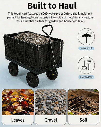 GarveeTech 800LBS Heavy Duty Steel Garden Cart, Garden Wagon Cart on Wheels, Metal Yard Utility Wagon with Removable Mesh Sides, 10" All Terrain Tires, 180° Rotating Handle for Lawn, Garden, Farm