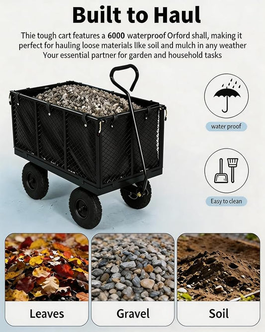 GarveeTech 800LBS Heavy Duty Steel Garden Cart, Garden Wagon Cart on Wheels, Metal Yard Utility Wagon with Removable Mesh Sides, 10" All Terrain Tires, 180° Rotating Handle for Lawn, Garden, Farm