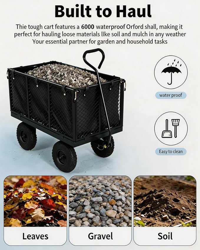 GarveeTech 400LBS Heavy Duty Steel Garden Cart, Garden Wagon Cart on Wheels, Metal Yard Utility Wagon with Removable Mesh Sides, 10" All Terrain Tires, 180° Rotating Handle for Lawn, Garden, Farm