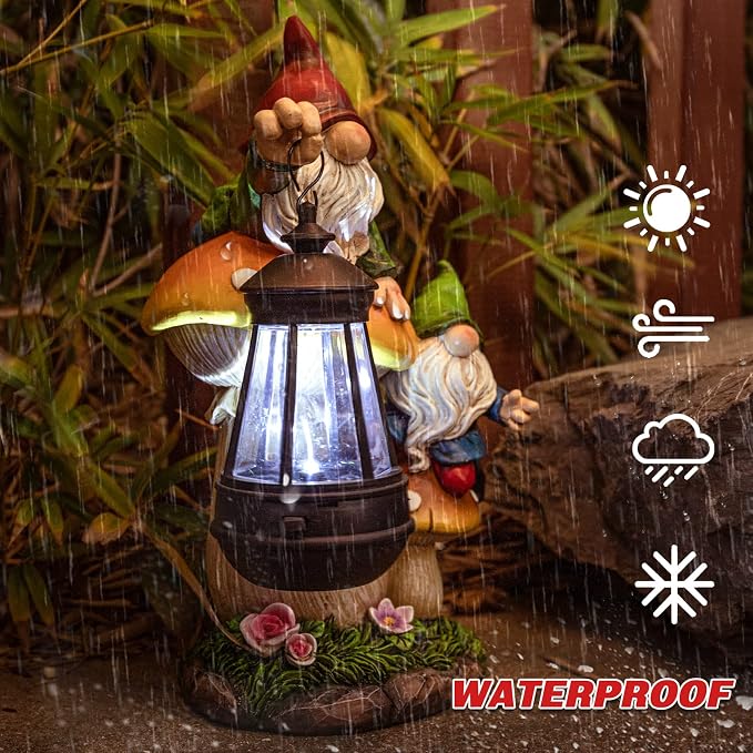 Garden Gnome Statue, Large Funny Gnome Figurine Climbing on Mushroom and Holding a Solar LED Lantern Resin Ornament for Patio Yard Lawn Porch Outdoor Decor