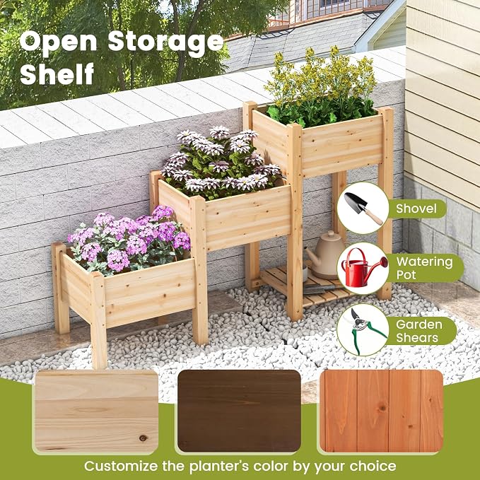 HAPPYGRILL 3-Tire Raised Garden Bed, Wooden Raised Planter Box with 3 Planter Boxes, Drainage Holes, Open Storage Shelf, Outdoor Garden Bed with Legs for Plant, Fruit, Vegetable, Flower, Herb