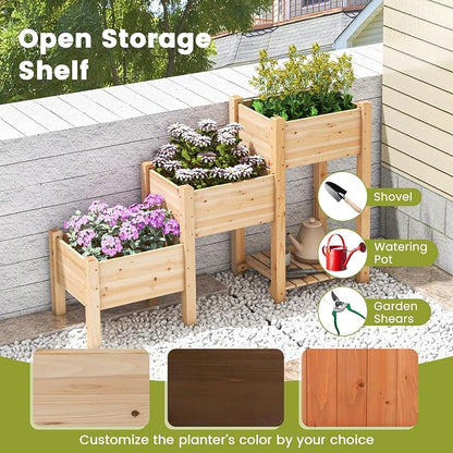 HAPPYGRILL 3-Tire Raised Garden Bed, Wooden Raised Planter Box with 3 Planter Boxes, Drainage Holes, Open Storage Shelf, Outdoor Garden Bed with Legs for Plant, Fruit, Vegetable, Flower, Herb