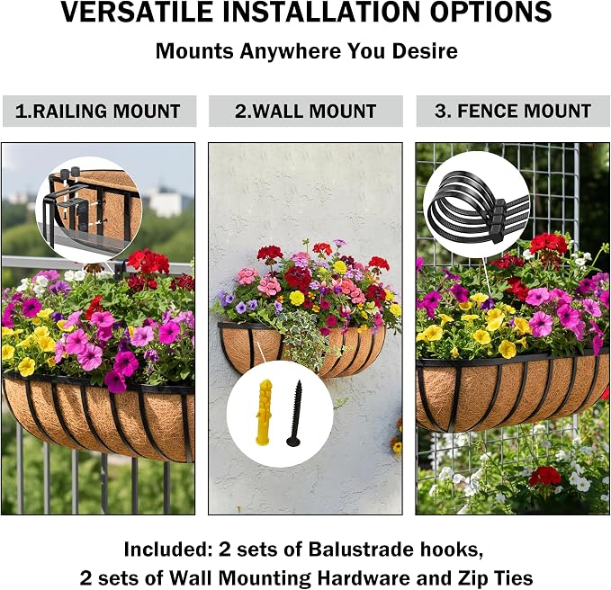 24“ Window Box Railing Planter with Coco Liner Metal Wall-Mounted Coconut Liner Planter Basket English Horse Trough Planters for Outdoor Deck Balcony Porch Fence Patio Black (4 Pack)
