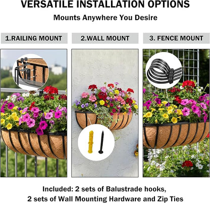 36“ Window Box Railing Planter with Coco Liner Metal Wall-Mounted Coconut Liner Planter Basket English Horse Trough Planters for Outdoor Deck Balcony Porch Fence Patio Black (2 Pack)