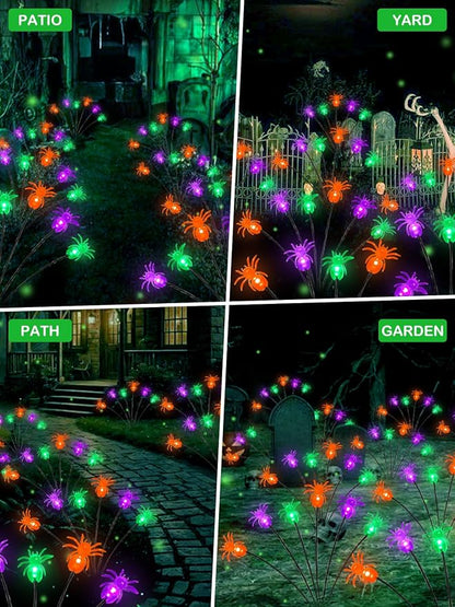 6 Pack Halloween Decorations Outdoor Solar Spider Garden Lights, Purple Orange and Green Scary Spider Swaying Firefly Lights with 2 Modes, Waterproof Halloween Pathway for Yard Garden Party Decor