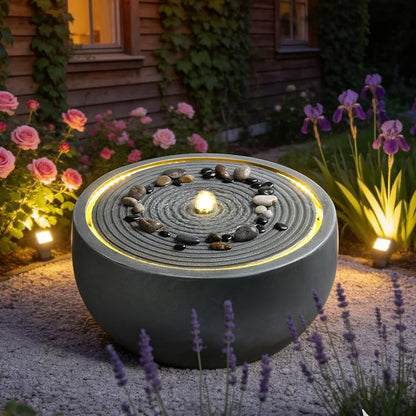 12.2" Outdoor Water Fountain, Modern Round Bowl Ripple Design, Outdoor Fountain with LED Lights, Outdoor Freestanding Fountain with Pump, Garden Water Feature, Concrete Bowl, Blue Gray