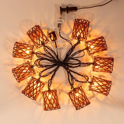 Decorative String Lights Plug in with 10 Incandescent Bulbs, Handwoven Rattan Cylinder-shaped Boho Lantern String Lights Connectable Weatherproof Outdoor Indoor for Bedroom Patio Pergola Decor (Brown)