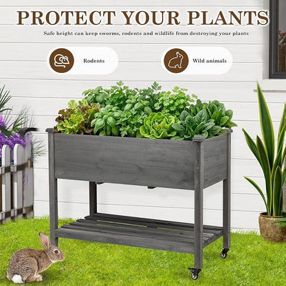 Raised Garden Bed with Lockable Wheels, 40x24x32 inch Elevated Wood Planter with Storage Shelf Protective Liner for Vegetable Flower Herb Outdoor Balcony Patio Backyard, Grey