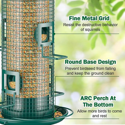Metal Bird Feeder for Outdoors Hanging, Chew Resistant Design | 2lb large capacity, 4-port mesh tube, easy-refill 4.5" wide opening, all-weather rust-resistant feeder for cardinals, finches