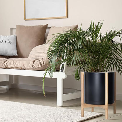 D'vine Dev Plastic Pot with Natural Wood Stand, Black, 14 in, 55-C-S-2 | Mid-Century Inspired Design, Elevated Plant Display, Clean Lines, Sturdy Support, Modern Space-Saving Style