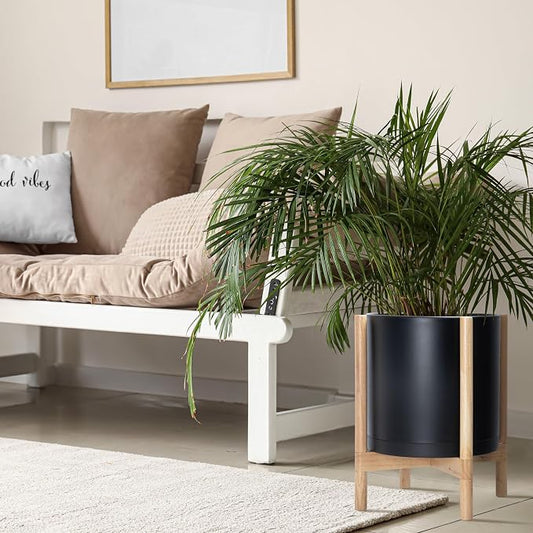 D'vine Dev Plastic Pot with Natural Wood Stand, Black, 14 in, 55-C-S-2 | Mid-Century Inspired Design, Elevated Plant Display, Clean Lines, Sturdy Support, Modern Space-Saving Style