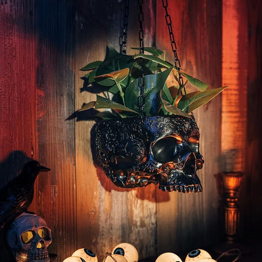Hanging Skull Planter Pot with Chain and Hook Gothic Skeleton Candy Bowl Trick or Treat Bucket Spooky Skull Flower Pot Creepy Horror Home Decor Outdoor Indoor Garden Decoration 6 Inch Black Planter