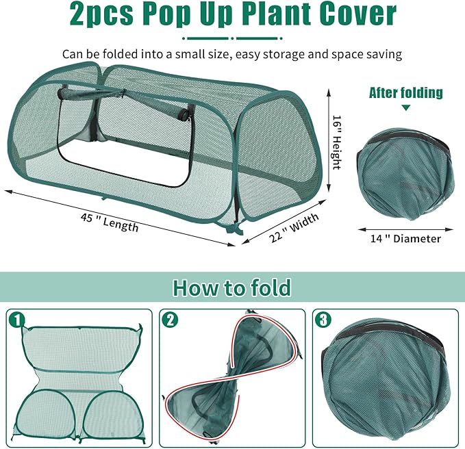ANGAR 2Pack Garden Covers for Raised Beds, Pop Up Mesh Plant Covers for Outdoors, 30% Sunblock Plant Shade Tent, Crop Cage for Seedlings Vegetable Against Birds, Animals, with 8 Stakes (45"X22"X16")