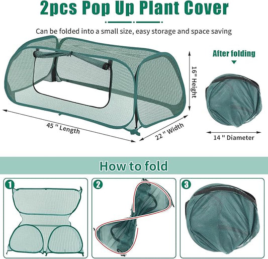 ANGAR 2Pack Garden Covers for Raised Beds, Pop Up Mesh Plant Covers for Outdoors, 30% Sunblock Plant Shade Tent, Crop Cage for Seedlings Vegetable Against Birds, Animals, with 8 Stakes (45"X22"X16")