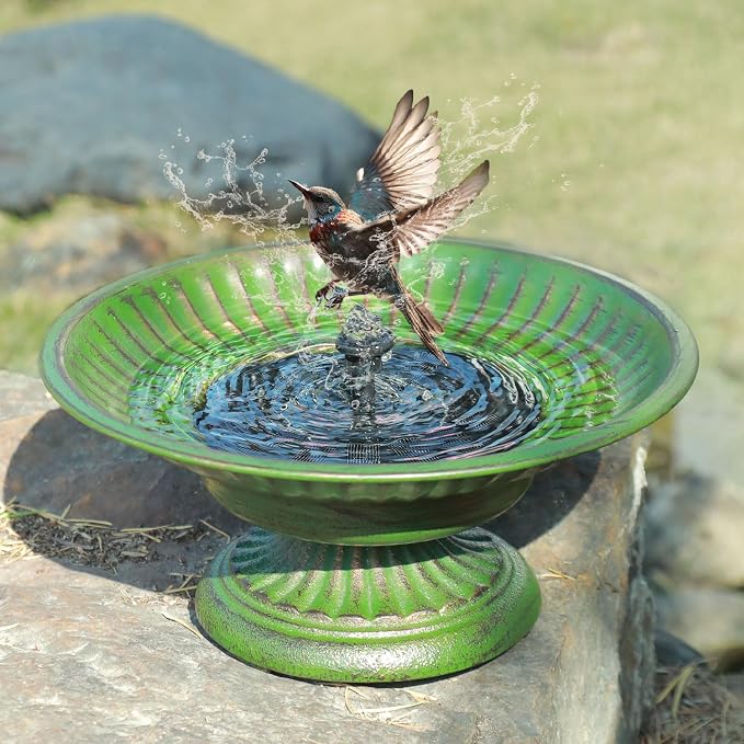 12.3" Solar Bird Bath Bowl,Cast Iron Pedestal Bird Bath with Solar Fountain | Solar Fountains for Bird Bath,Metal Bird Bath Bubbler for Garden, Patio & Yard.