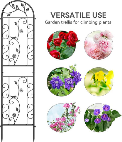4-Pack 87" x 20" Bird and Daisy Arch Black Metal Garden Trellises | Set of 4 rust-resistant trellises with bird, daisy, leaf, and scrollwork details, spikes, and support for roses or vines