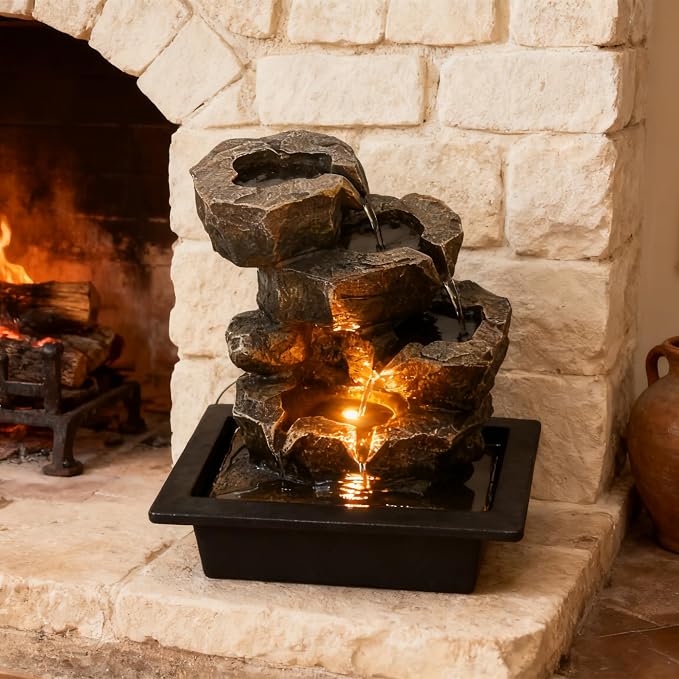 Indoor Tabletop Rock Waterfall Fountain with Warm Light & Stacked Stone for Home Office Desk Decor, Zen Resin Water Feature for Relaxation