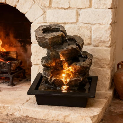 Indoor Tabletop Rock Waterfall Fountain with Warm Light & Stacked Stone for Home Office Desk Decor, Zen Resin Water Feature for Relaxation