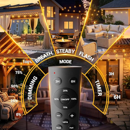 100FT Outdoor String Lights with Remote, Waterproof Patio Lights with 35+1 Shatterproof LED Bulbs,Dimmable Hanging Decor for Backyard Garden Porch Bistro, Timer & 3 Modes,2200K Warm White