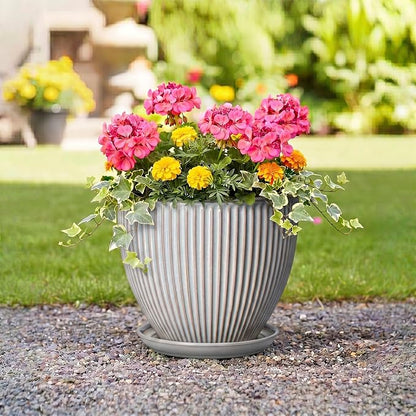 10 Inch Pots for Plants Indoor, Ceramic Planters with Drainage Hole and Saucer, Round Large Plant Pots for House Plants, Decorative Flower Planter, Porch Decor, Plant Lover Gifts, Grey