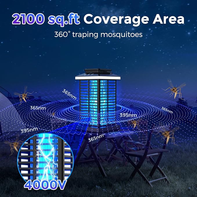 Bug Zapper Outdoor, 2026 Upgraded 3 in 1 Rechargeable Bug Zapper with 5000mAh Battery & LED Night Light, 4000V Cordless Waterproof Mosquito Zapper for Outside,Patio,Backyard,Garden Black