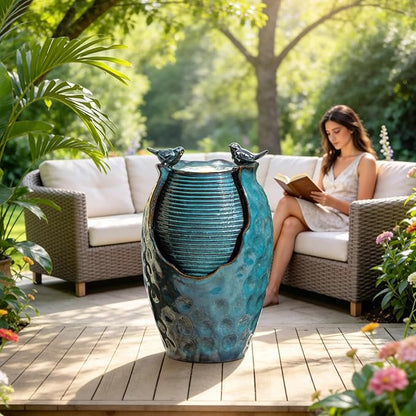 25" H Jar Ceramic Outdoor Fountain with Birds, Relaxing Water Feature | High-Fired Turqupise Glaze and Hammered Texture, Bird-Friendly Garden Fountain, Trickling Water Flow for Garden, Patio, Yard