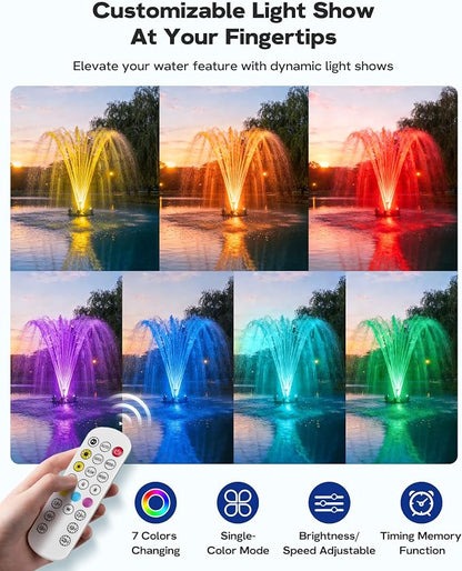 Antfraer Floating Pond Fountain with RGB LED Lights, 1600GPH Pond Fountain for Large Ponds, Remote Control Pond Aerator with 3 Spray Patterns for Water Gardens, Fish Pool & Lakes, 21.65 Inch Float