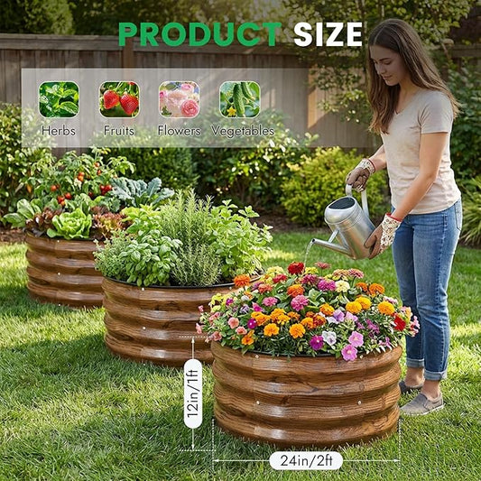 INNO STAGE 3 Pcs Round Galvanized Raised Garden Bed — 2×2×1ft Planter Box Outdoor Raised Beds Kit for Gardening Vegetables, Fruits, Herbs, and Flowers, Grain