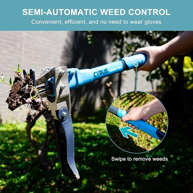 CYRUS 39 Inch 3 Claw Weed Puller Tool Aluminum Handle Weeding Remover | Semi-auto spring for labor-saving weeding, long pole avoids bending, rust-proof metal pulls weeds whole safely