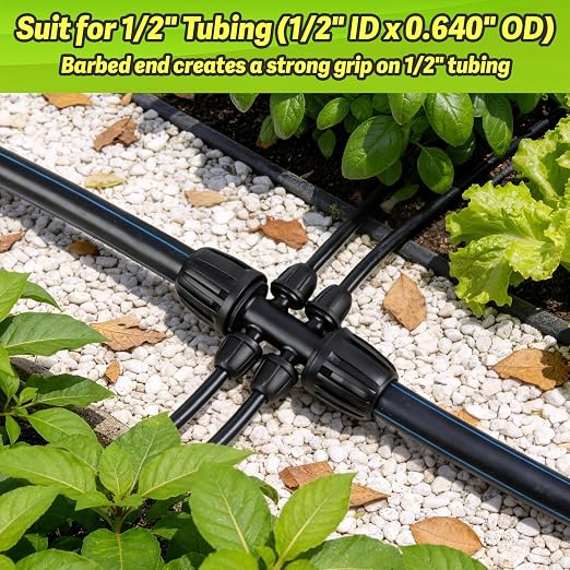 12 Pcs 1/2 Inch to 1/4 Inch Irrigation Tubing Fittings, 1/2"(1/2" ID x 0.65" OD) to 1/4" Drip Barbed Tee Adapter 16mm Anti-Drop Locked Nut T Reducer to 1/4" Distribution Line Connector