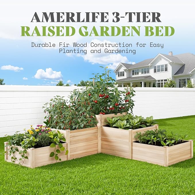 SPECRAFT 3-Tier Raised Garden Bed, Adjustable Fir Wood Outdoor Planter Box with Dividers, Tool-Free Assembly for Vegetables, Herbs, Flowers, 28 Inch Depth