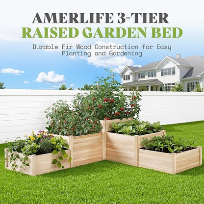 SPECRAFT 3-Tier Raised Garden Bed, Adjustable Fir Wood Outdoor Planter Box with Dividers, Tool-Free Assembly for Vegetables, Herbs, Flowers, 28 Inch Depth