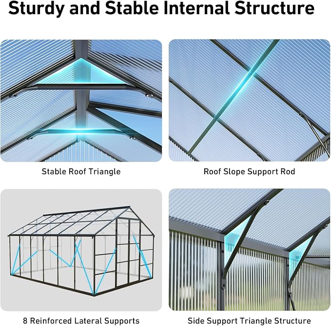 10x12FT Green Houses for Outside with Hygrometer, Double-Door Polycarbonate Greenhouse with Drainage Channel, Large Heavy Duty Greenhouse with Aluminum Frame, Roof Vent for Backyard or Garden Use