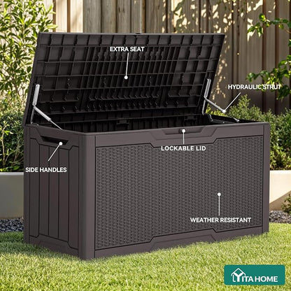 YITAHOME 80 Gallon Resin Deck Box | Weather Resistant Outdoor Rattan Storage Box, Lockable Indoor Outdoor Storage for Supplies and Essentials, Dark Brown