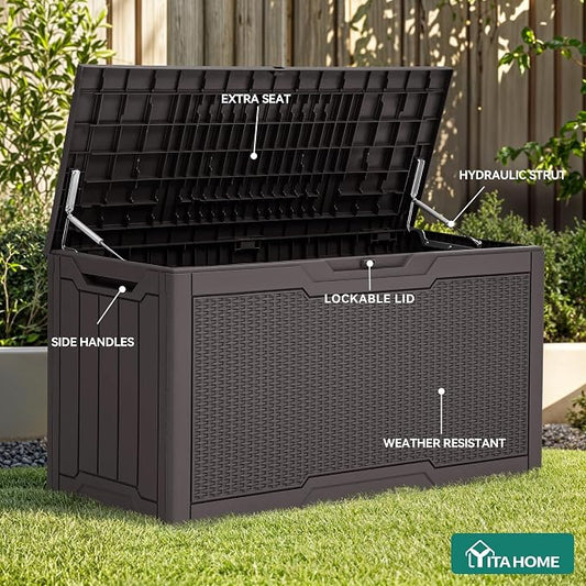 YITAHOME 80 Gallon Outdoor Storage Box | Large Water Resistant Resin Deck Box, Indoor Outdoor Lockable Rattan Storage Container for Patio, Garden, Cushions, Tools
