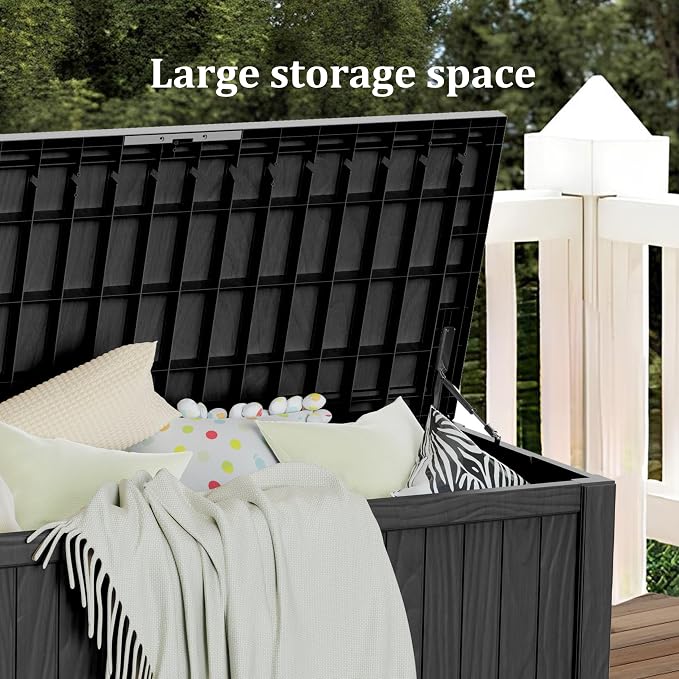 150 Gallon Resin Large Deck Box Organization and Storage Box for Patio, Outdoor Cushions, Garden Tools, Black | Hydraulic Pistons, Resin, Weatherproof