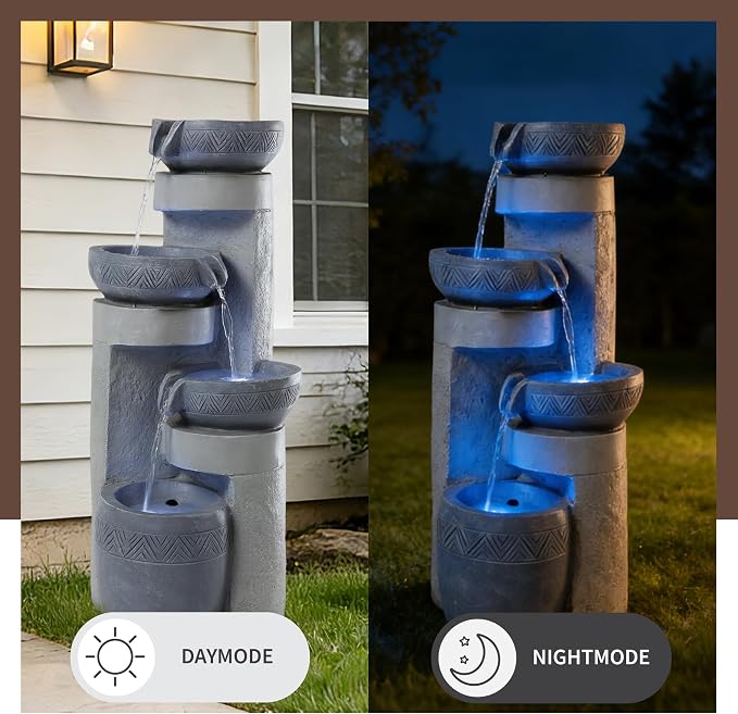 28" Outdoor Water Fountain with Led Lights, 4-Tiered Owl & Calla Lil Water Fountain, Outdoor Garden Waterfall Decor for Garden, Patio, Courtyard (32" Modern Pottery)