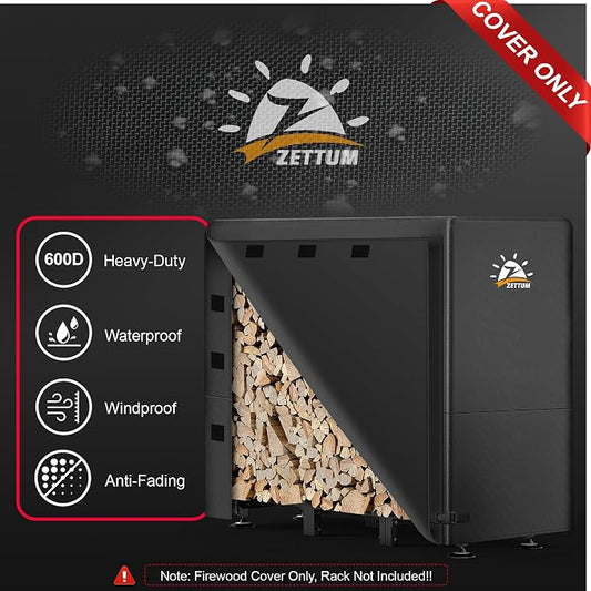 Zettum Firewood Rack Cover 4 Feet - 600D Wood Rack Cover Waterproof & Heavy Duty, 4 Foot Outdoor Log Pile Holder Covers Storage for 4FT Standard Fire Wood Rack Stands (48 x 24 x 49 Inch)