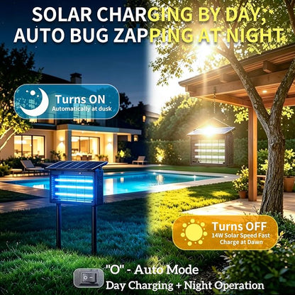 Solar Bug Zapper Outdoor Cordless, 9600mAh Battery | 365-395nm UV Light, IPX5 Waterproof, Dusk-to-Dawn Sensor, 1 Acre Coverage, Black, for Outdoor Indoor Use (20inch)