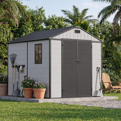 Greesum 8x8FT Resin Shed with Floor, All-Weather Resistance, Light Gray | All-Weather Protection (Rain/Snow/UV) | Sloped Leak-Proof Roof | Heavy-Duty Reinforced Base | Lockable & Well-Ventilated