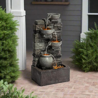Teamson Home 28.5" Outdoor 4-Tier Stacked Stone Cascading Water Fountain with LED Lights, Gray | LED Lights, Faux Stacked Stone Look, Weather-Resistant Polyresin, Waterfall Decor for Garden, Patio, Backyard