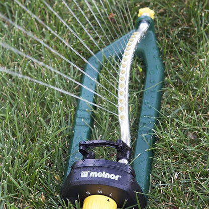 Melnor 65151AMZ Oscillating Sprinkler, Covers Up to 3,000 Sq. Ft., Small Medium Large Coverage Adjustment, 15 Precision Nozzles, Quick Connect Bundle, Green, Yellow