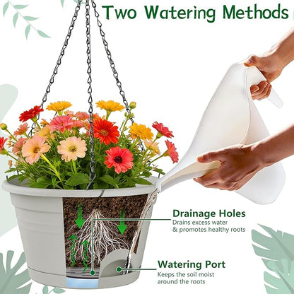 Nooulap 4 Pack Hanging Planters Outdoor, 10 Inch Hanging Plant Pot, Grey | Hanging Baskets for Plants, Outdoor Indoor Use, Place & Hanging Flowers Pots, with 40cm Chains, Home Garden Porch Decor