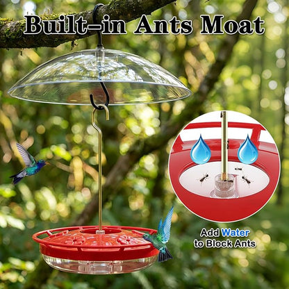 FEED GARDEN Hummingbird Feeder with Rainproof Dome, 16oz Nectar Feeder 11.8" Rain Guard Weatherproof Ant Moat Easy Fill & Clean Hanging Leak-Proof BPA-Free