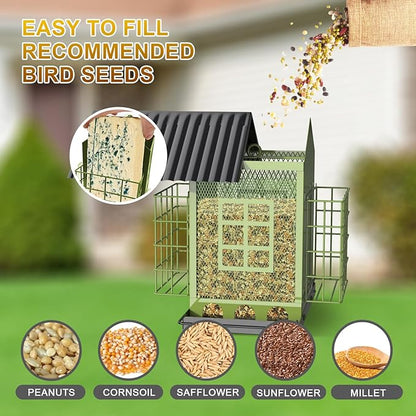 FlowaFoli Bird Feeders for Outdoors Hanging, Metal Bird Feeder with Double Suet Cage Cake, Large Capacity, Birdfeeders Sturdy & Weatherproof, Easy to Clean & Refill, Great for Attracting Wild Birds