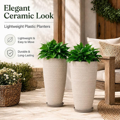 Neoaider Set of 2 Tall Planter, 21 inch Large Plastic Planter, Oat Color | Ceramic-Look, Lightweight, Built-in Drain Hole, Saucers, Tall Outdoor Planter for Porch, Garden, Patio, Balcony