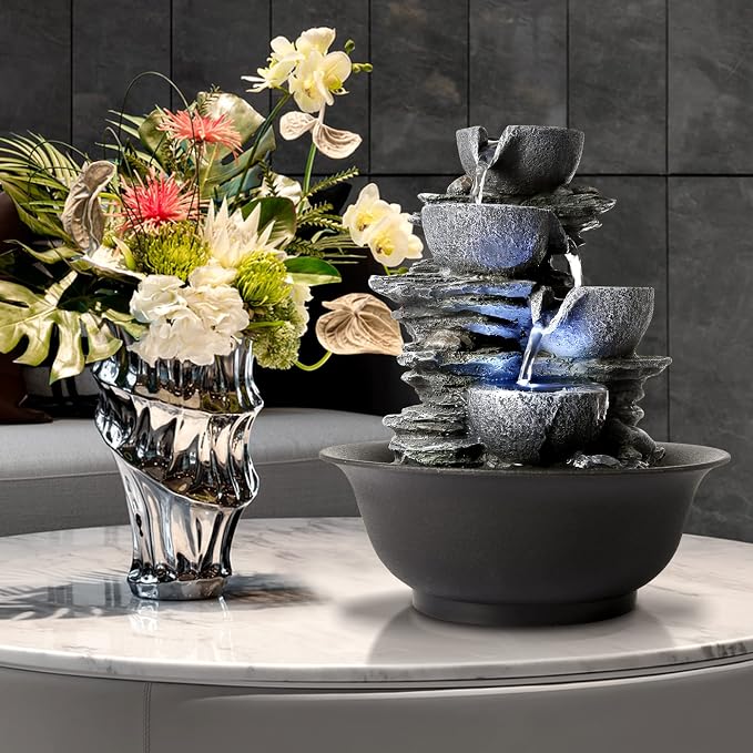 Tabletop Water Fountain Indoor Waterfall Fountains Stacked Rocks Water Feature Feng Shui Zen Meditation Relaxation Desktop Fountain for Home and Office Indoor Spaces Decor (Style 15)